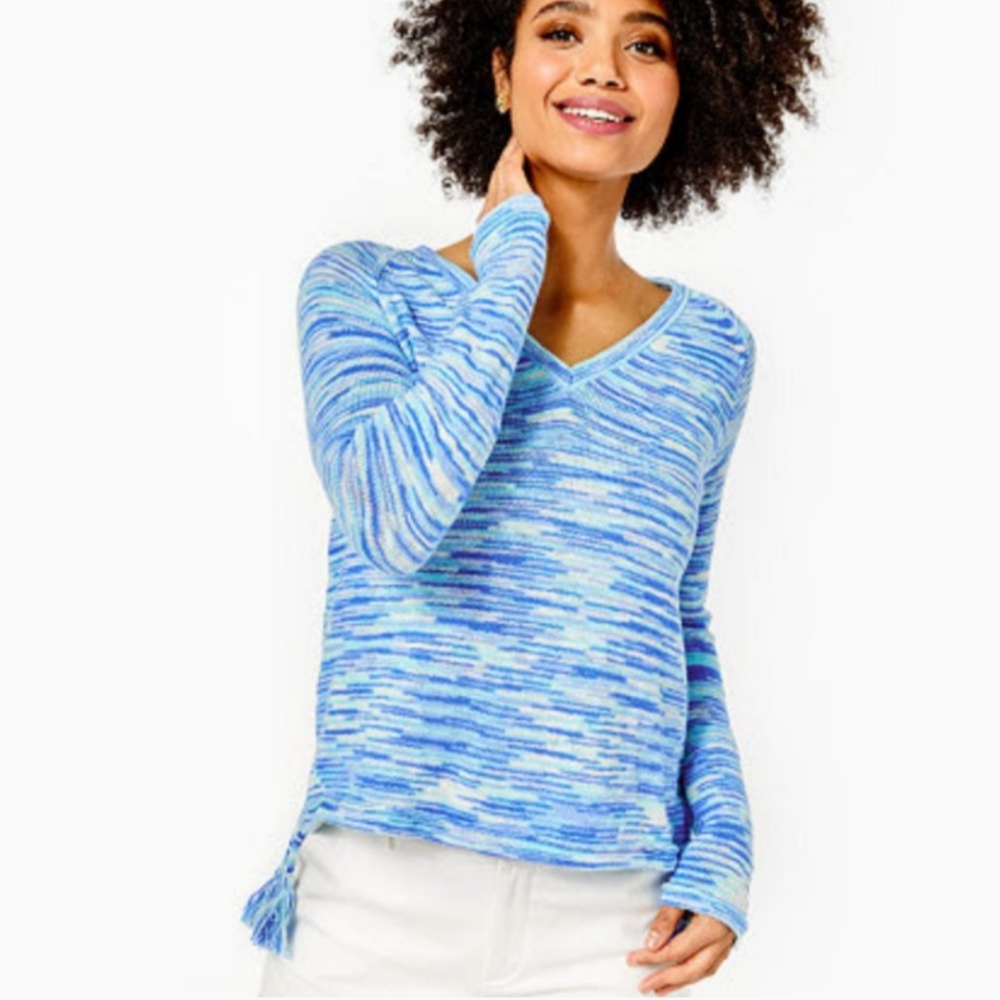 NWT V Neck Lilly Pulitzer Blue Space Dyed Tassel Sweater - Medium
